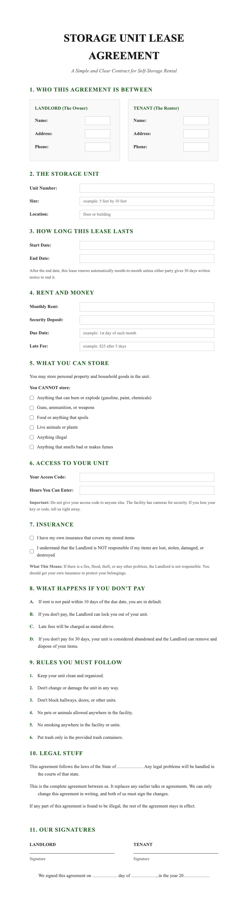 Legal contract plain language storage unit lease agreement